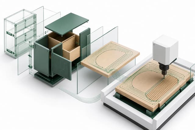 Three-dimensional illustration of a CAD/CAM flow from parametric furniture design to CNC toolpaths
