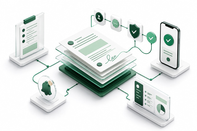 Illustration of documents moving securely through approval, mobile, notification, and administration stages