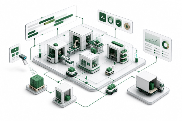 Isometric MES platform illustration connecting production machines, stations, pallets, and intralogistics material flow