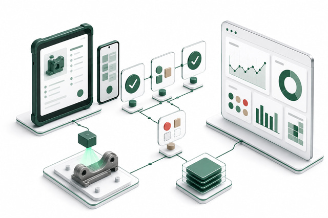 Three-dimensional illustration showing quality data flowing from mobile field inspection to web reports