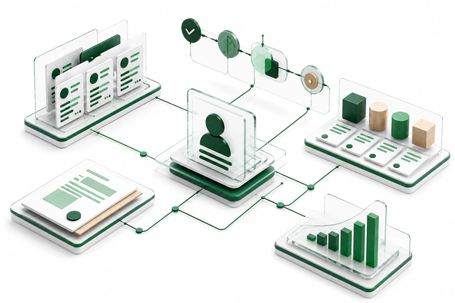 CRM platform illustration connecting a customer profile with sales workflows, products, proposals, and reporting