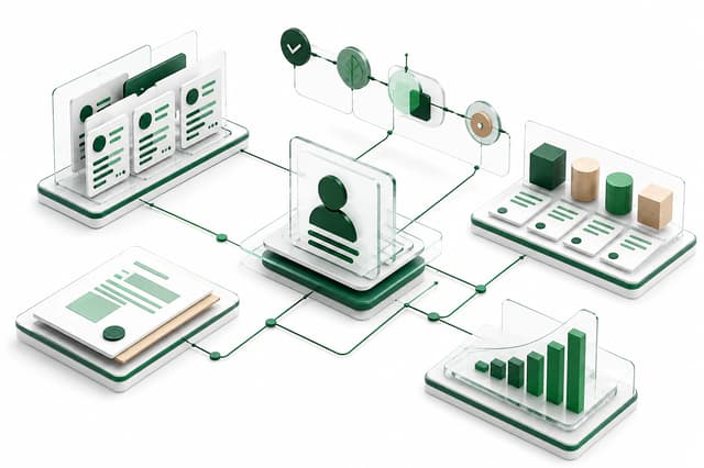 CRM platform illustration connecting a customer profile with sales workflows, products, proposals, and reporting