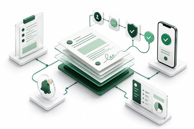 Illustration of documents moving securely through approval, mobile, notification, and administration stages