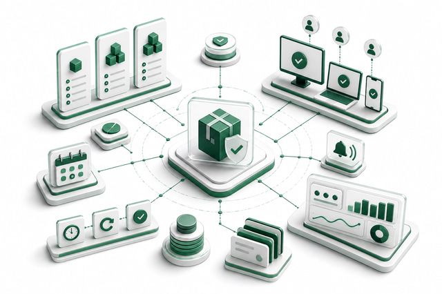 Licensing platform illustration connecting software packages, feature entitlements, device activation, renewal scheduling, and reporting