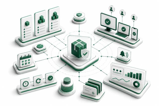 Licensing platform illustration connecting software packages, feature entitlements, device activation, renewal scheduling, and reporting
