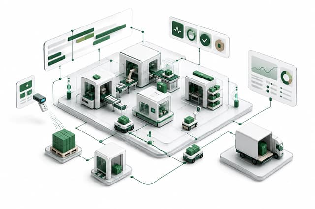 Isometric MES platform illustration connecting production machines, stations, pallets, and intralogistics material flow