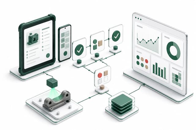 Three-dimensional illustration showing quality data flowing from mobile field inspection to web reports