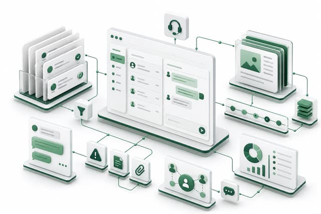 Support platform illustration connecting a ticket queue, live support, version-aware knowledge, and operational reporting